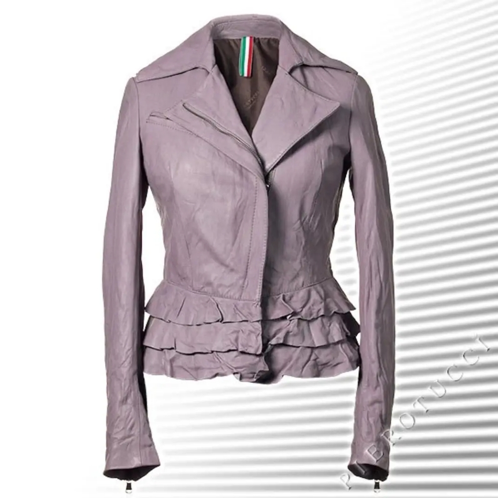 Pierotucci Lilac Vera Pelle 100% Leather Asymmetrical Zip Biker Jacket 